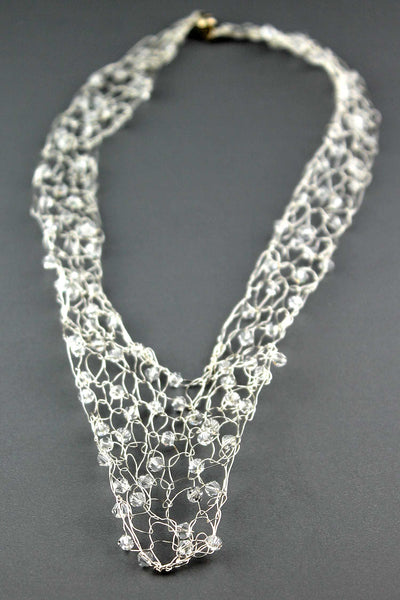 Wire Vneck Necklace- Silver with Pearl
