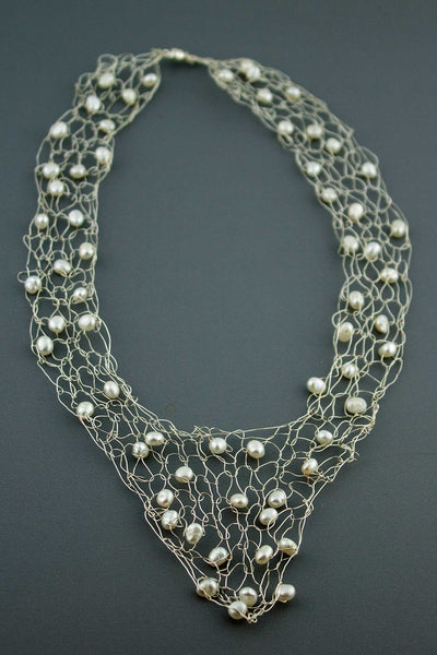 Wire Vneck Necklace- Silver with Pearl