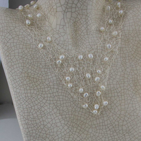 Wire Vneck Necklace- Silver with Pearl